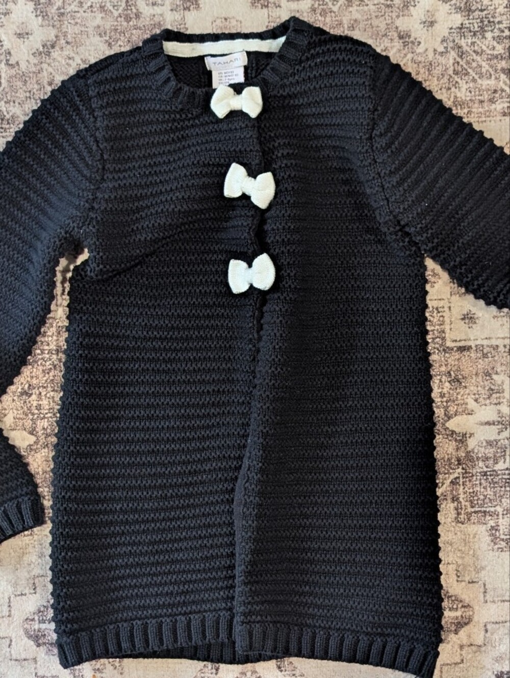 Tahari Girls Black Knit Cardigan with White Bow Accents, Size Medium 7/8